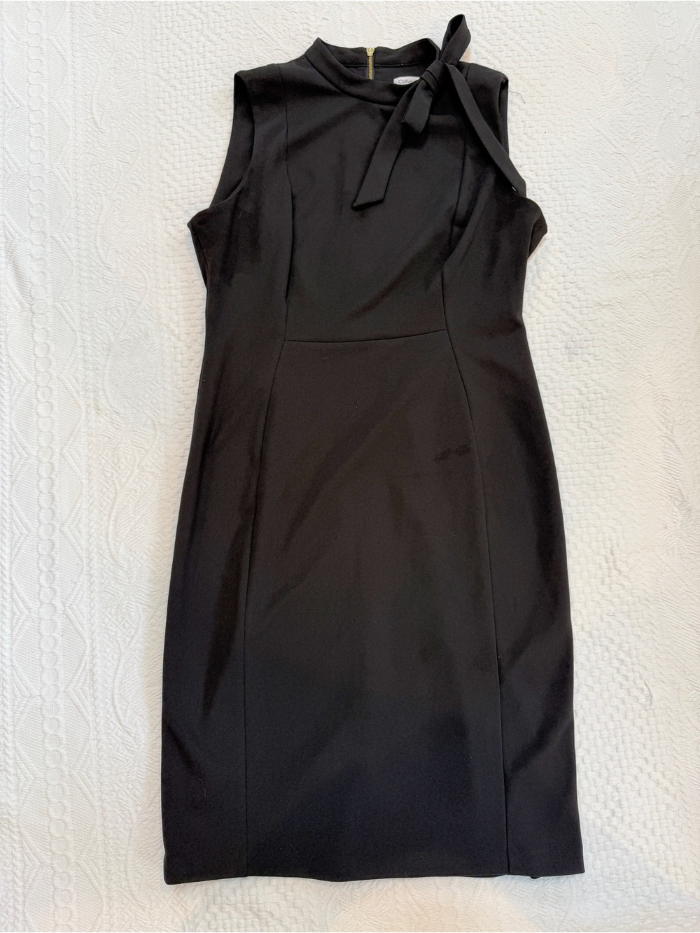 Calvin Klein Black Sheath Dress Tie Neck Knee Length Zipper Back Women’s Size 12